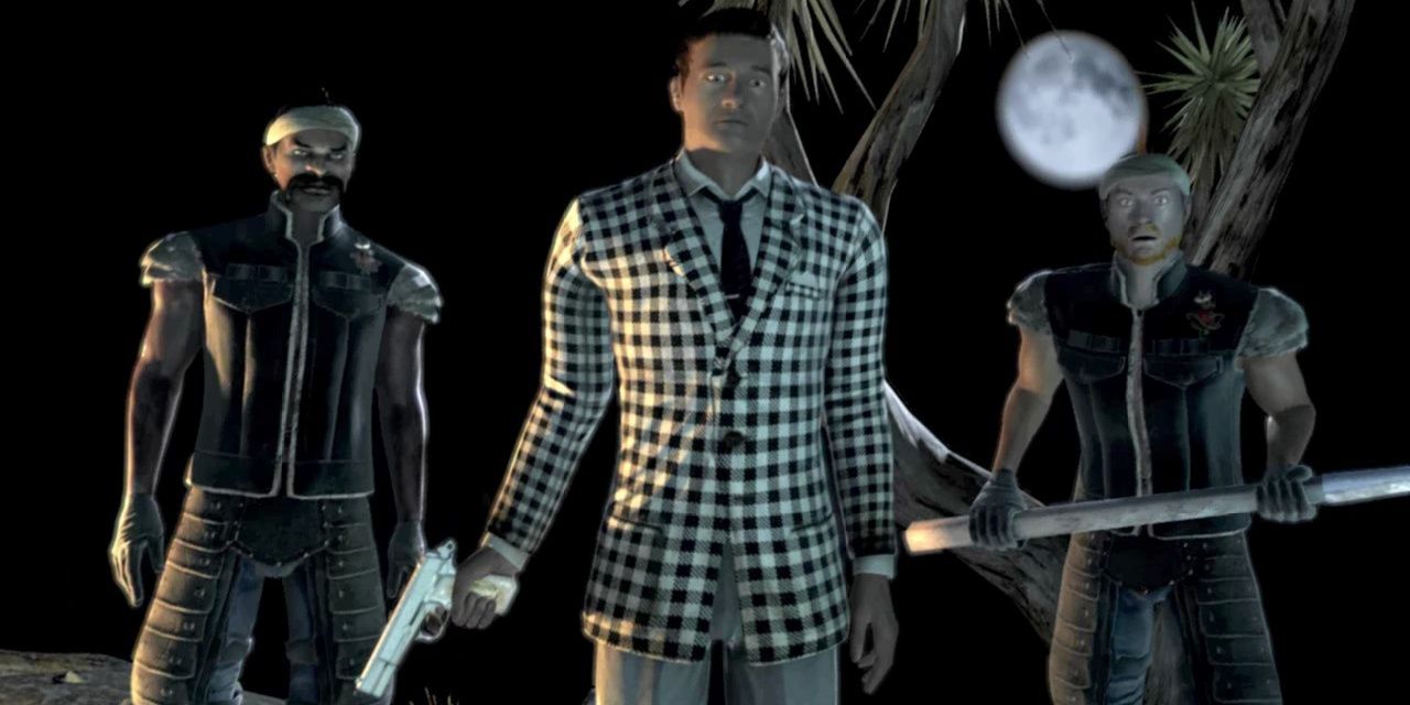 The beginning of Fallout: New Vegas, featuring Benny holding a gun with two of his henchmen standing beside him.