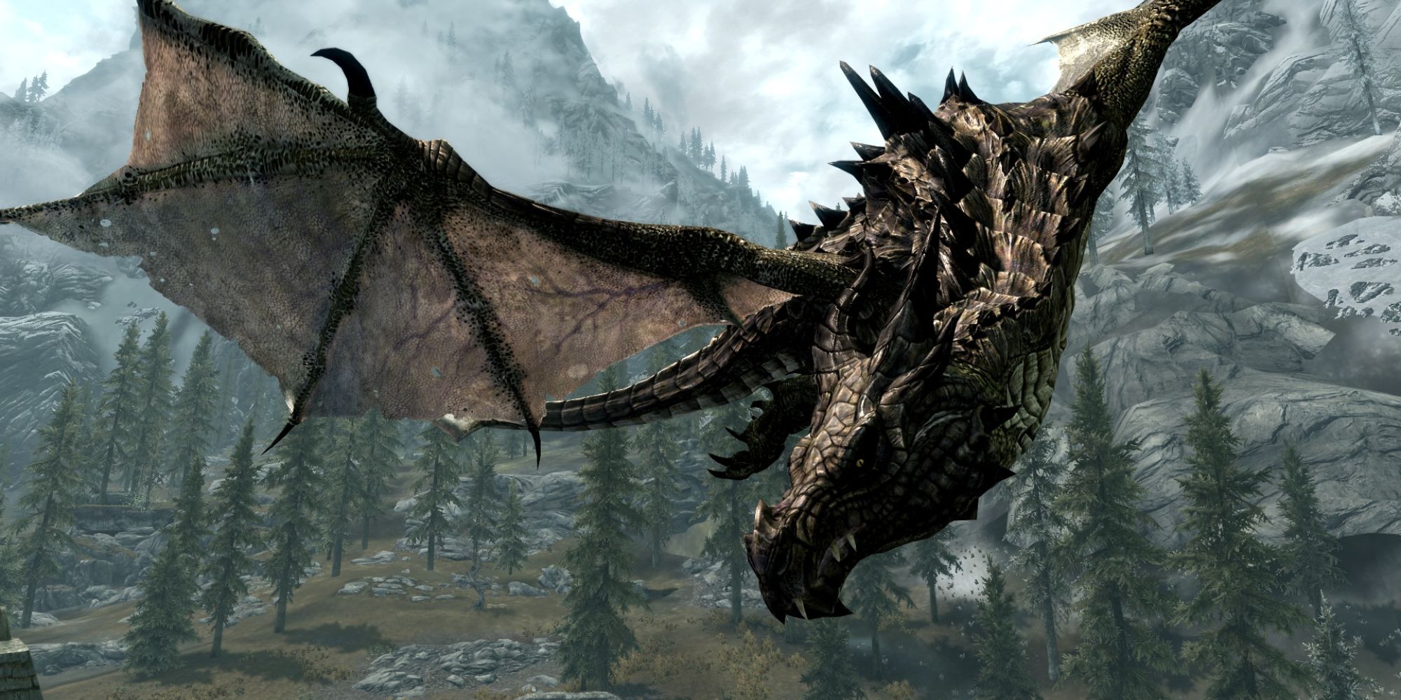 A dragon in Skyrim flying around. 