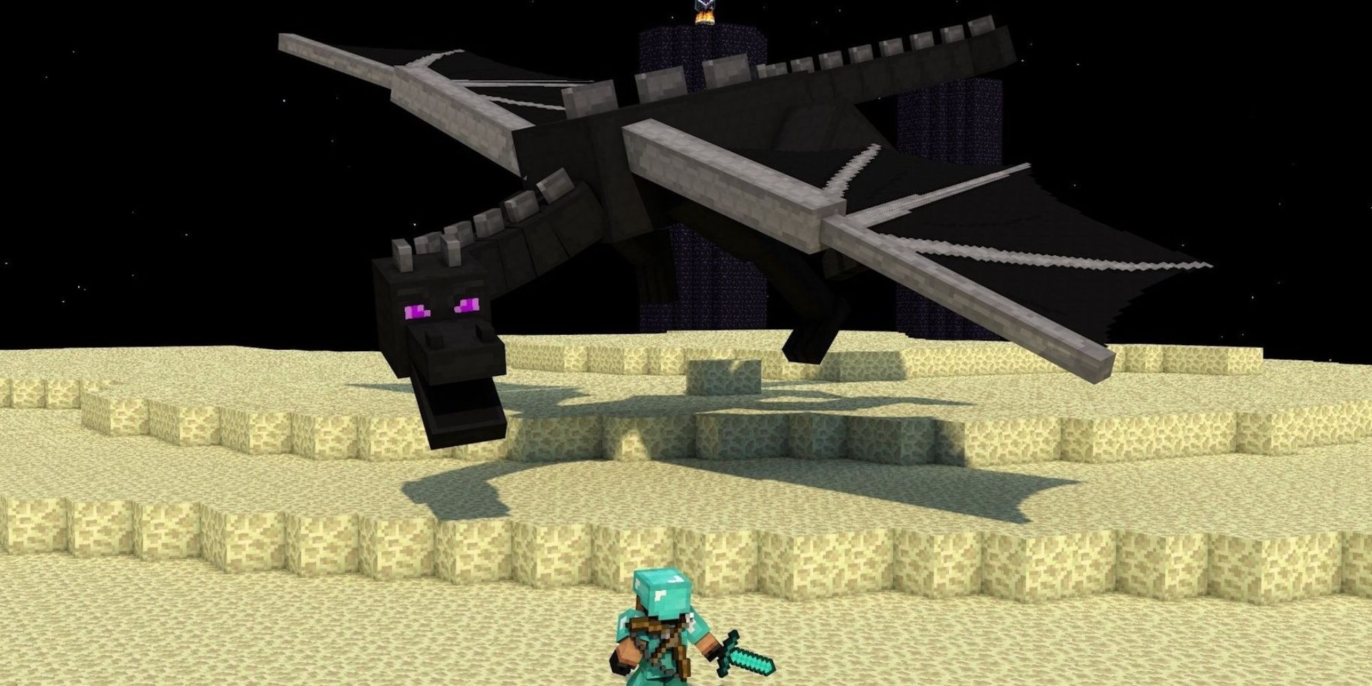 Minecraft screenshot of player battling the Ender Dragon.