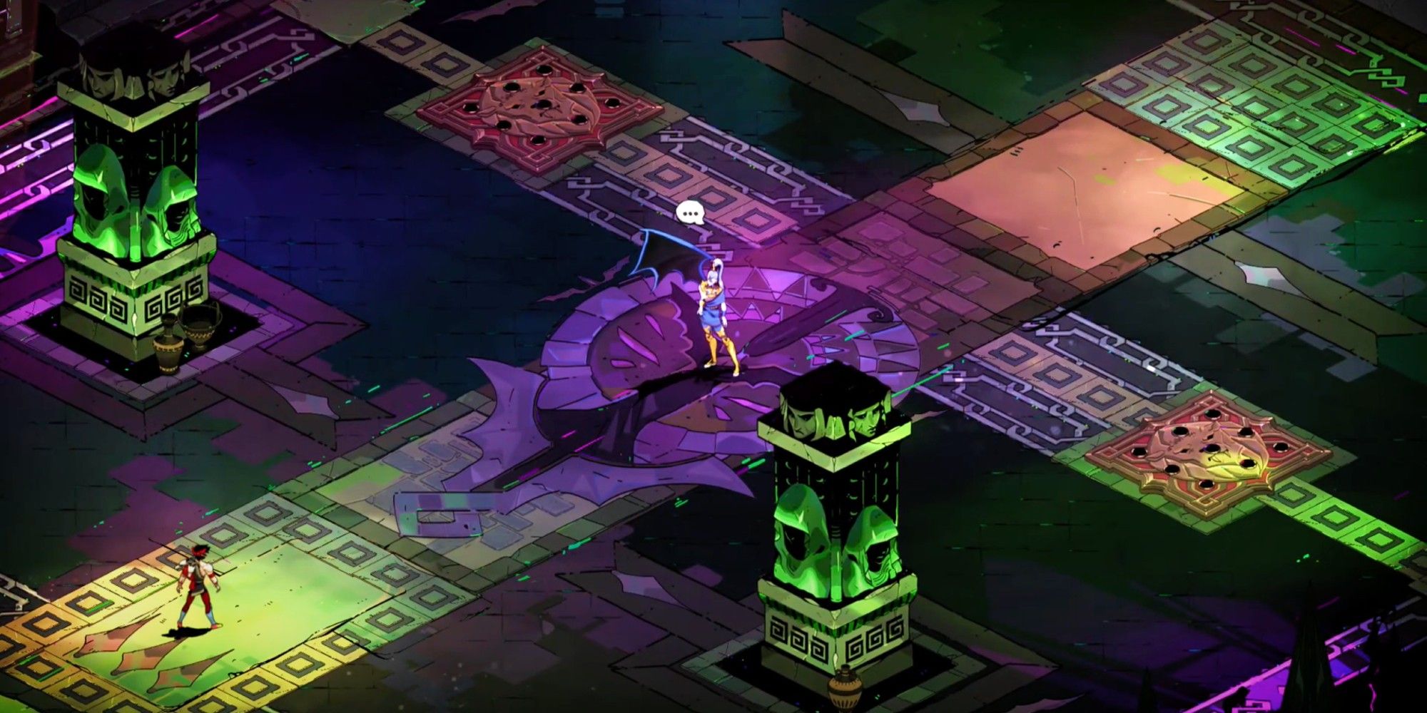 Zagreus stands at the bottom left of the screen while meg stands in the middle, ready for a fight - Hades.