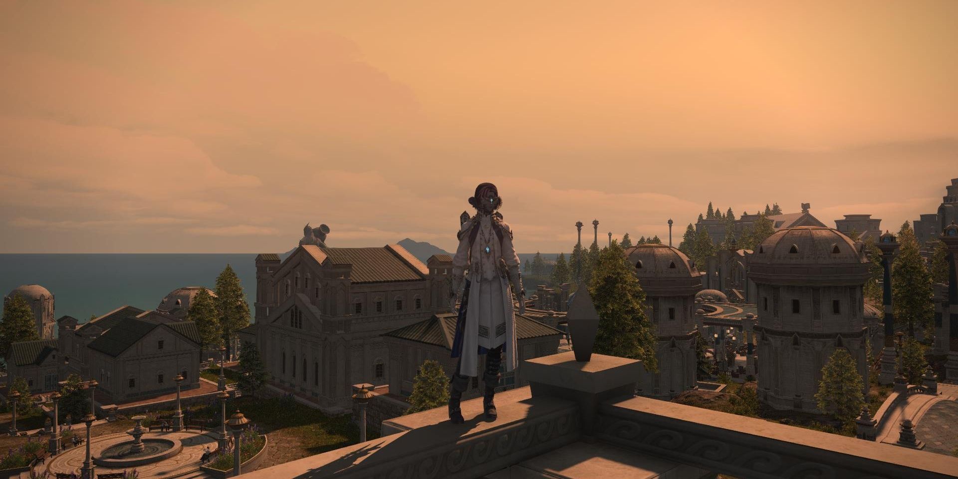 A Final Fantasy 14 screenshot showing a character standing on a roof.