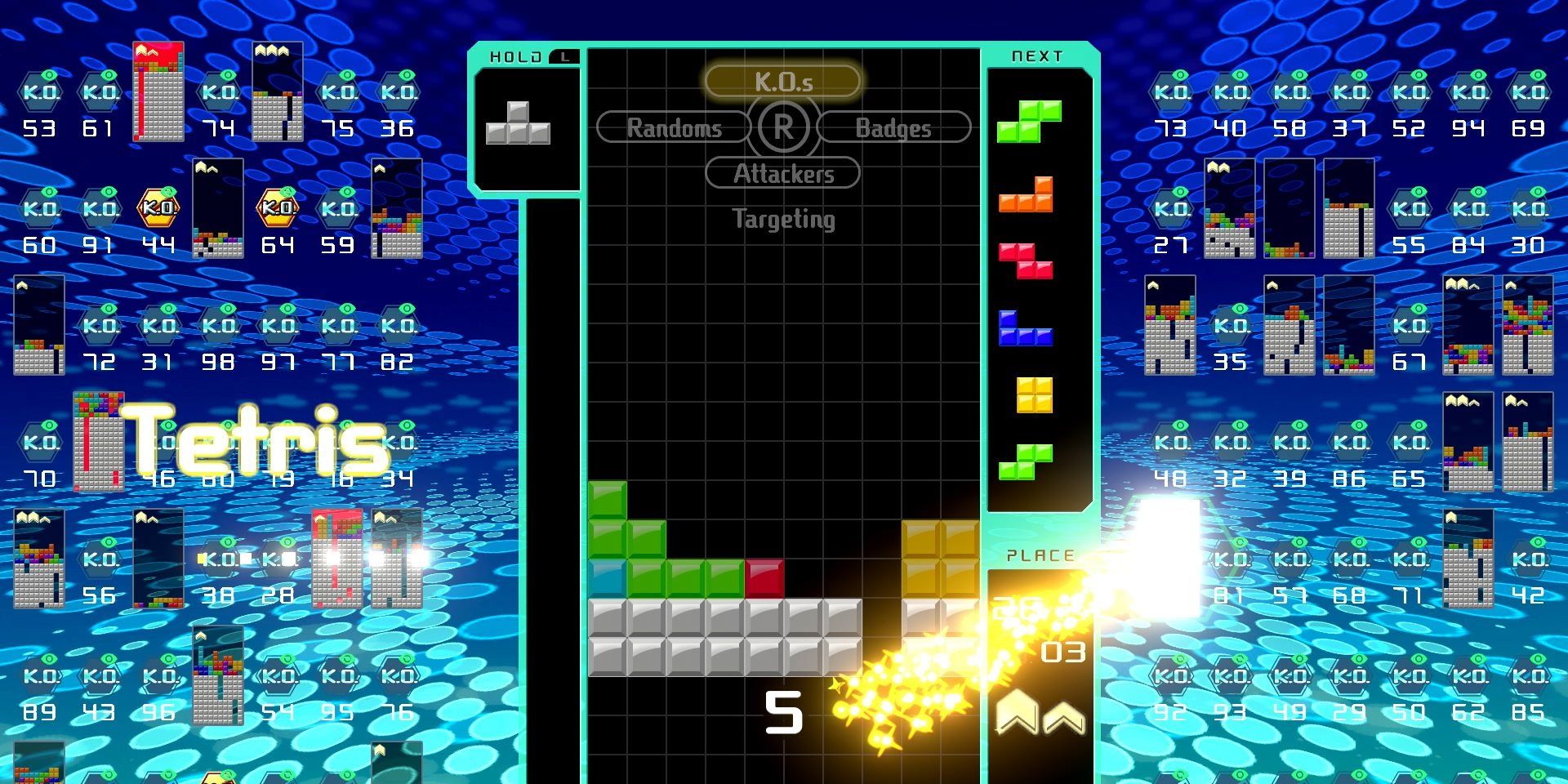 Eliminating a player in Tetris 99 for Nintendo Switch.