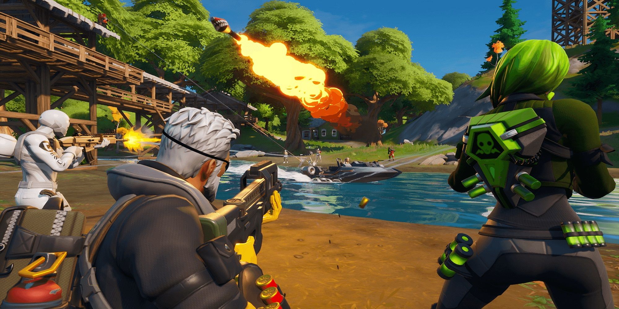 Fortnite battle screenshot of several players shooting boat.