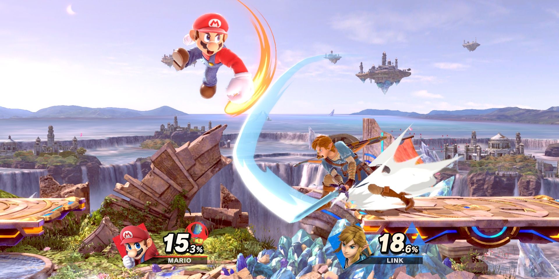 A screenshot showing a fight between Mario and Link in Super Smash Bros. Ultimate.