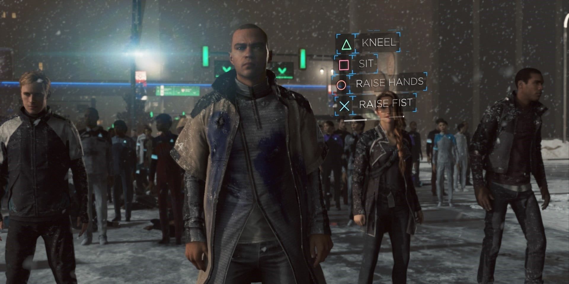 A screenshot from Detroit: Become Human showing Markus leading a group of androids and presented with options for actions.