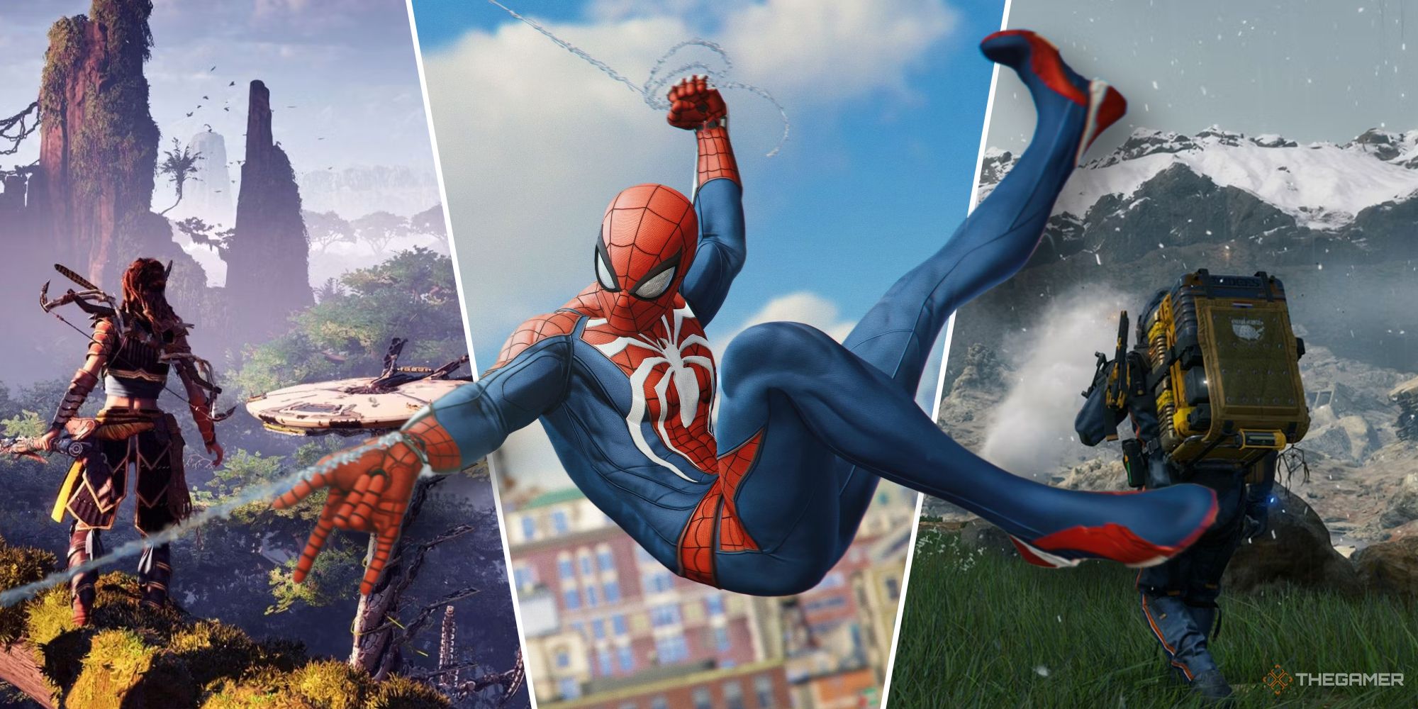 Horizon Zero Dawn, Spider Man, and Death Stranding Split Image