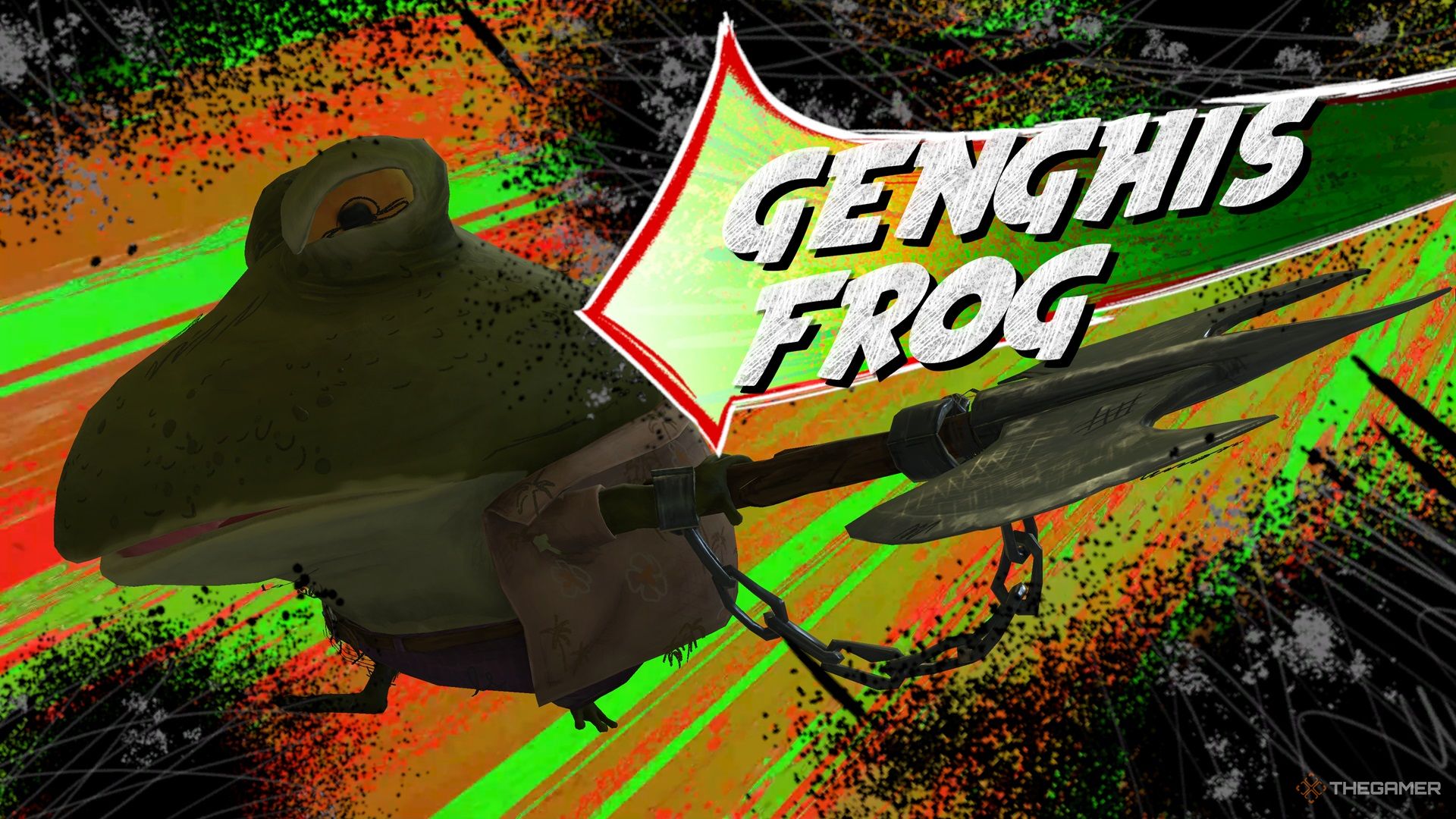 Genghis Frog swinging his ax in his TMNT: Mutants Unleashed boss fight intro.