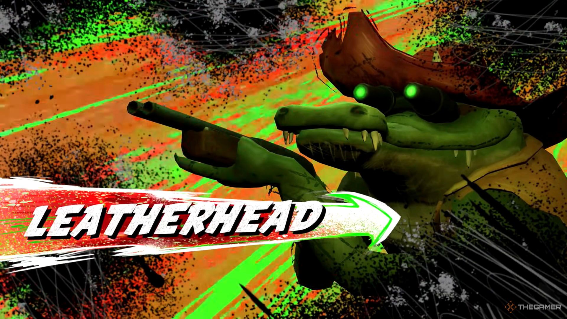 Leatherhead pointing her shotgun in her boss fight in TMNT: Turtles Unleashed.