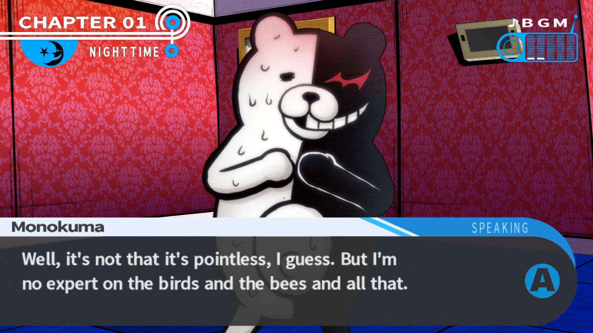 Monokuma talking to Makoto in his room in Danganronpa Trigger Happy Havoc.