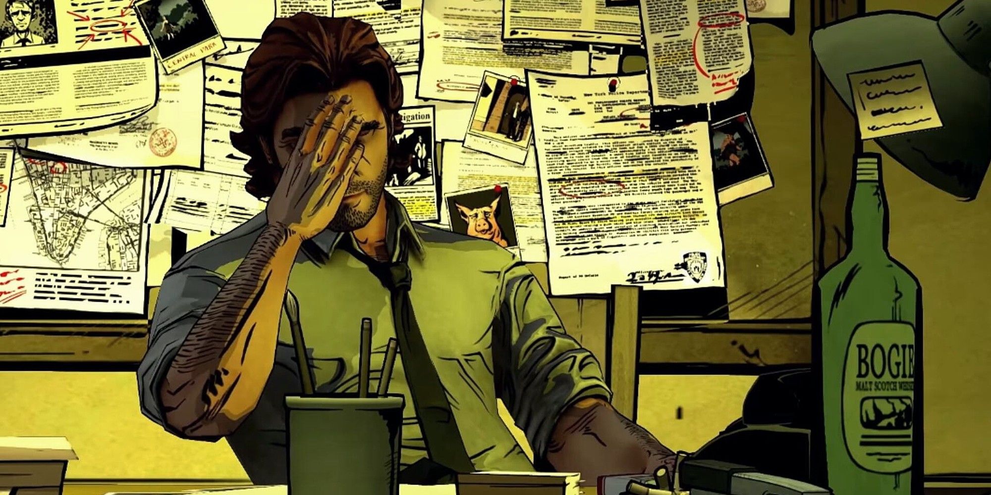 Image of Bigby facepalming at his desk from The Wolf Among Us.