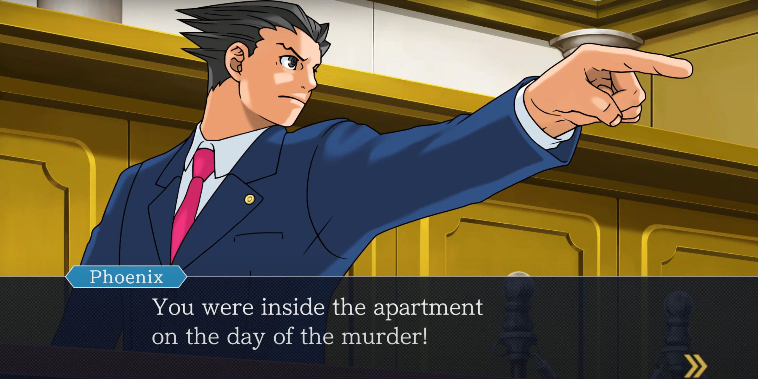 Phoenix pointing while accusing Sahwit of entering the victim's apartment from Phoenix Wright: Ace Attorney.