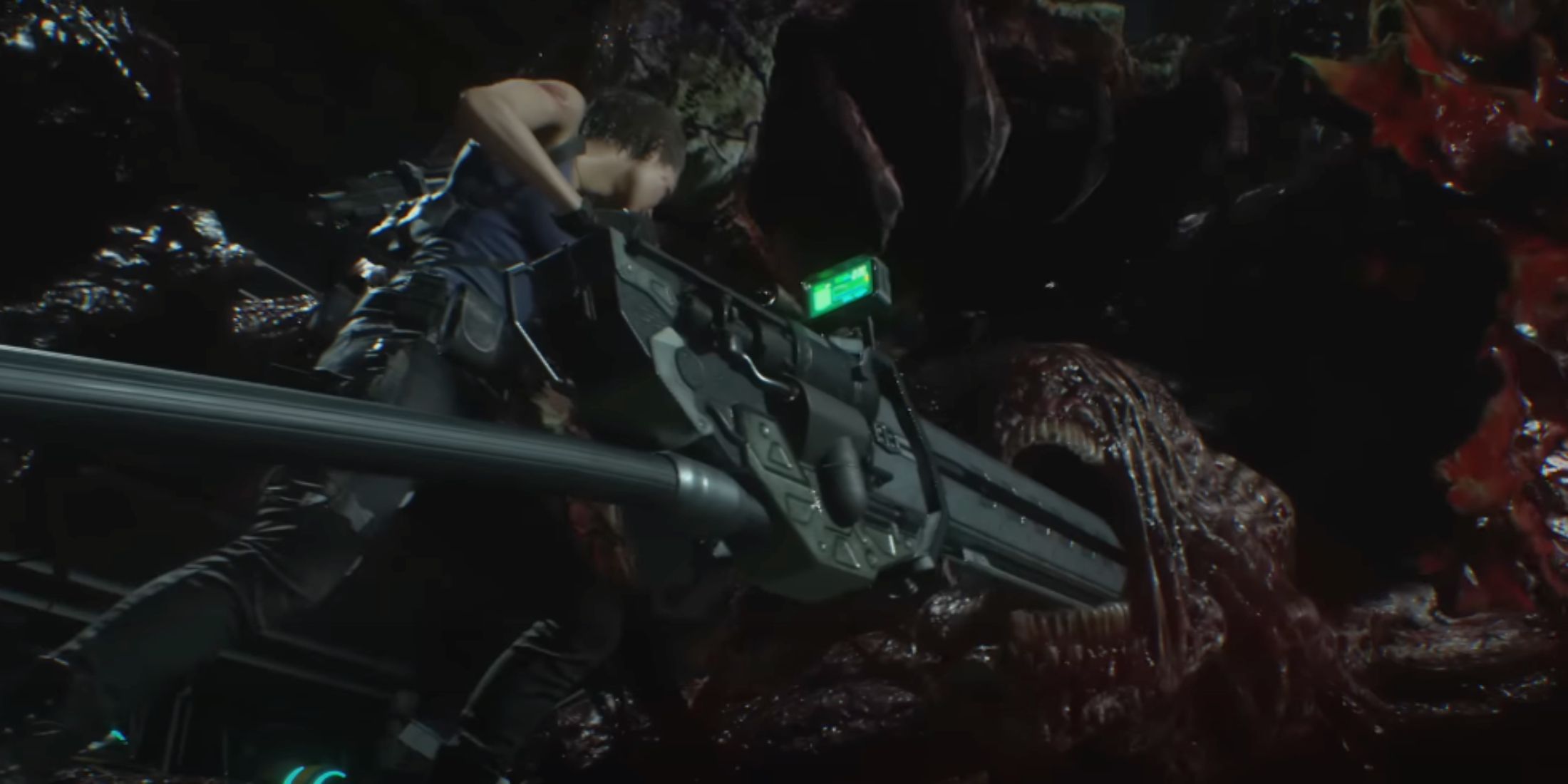 Jill Valentine shoving the rail gun into Nemesis' mouth