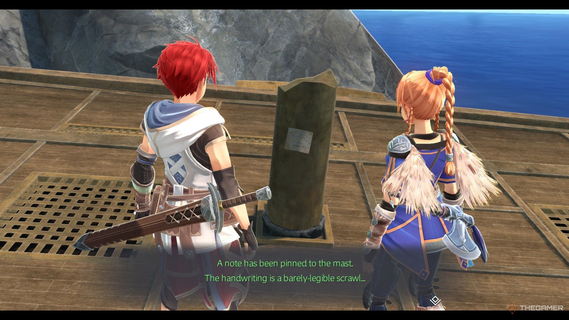 The image shows Adol and Karja examining the note on the broken mast on Fishscale Island in Ys X: Nordics.