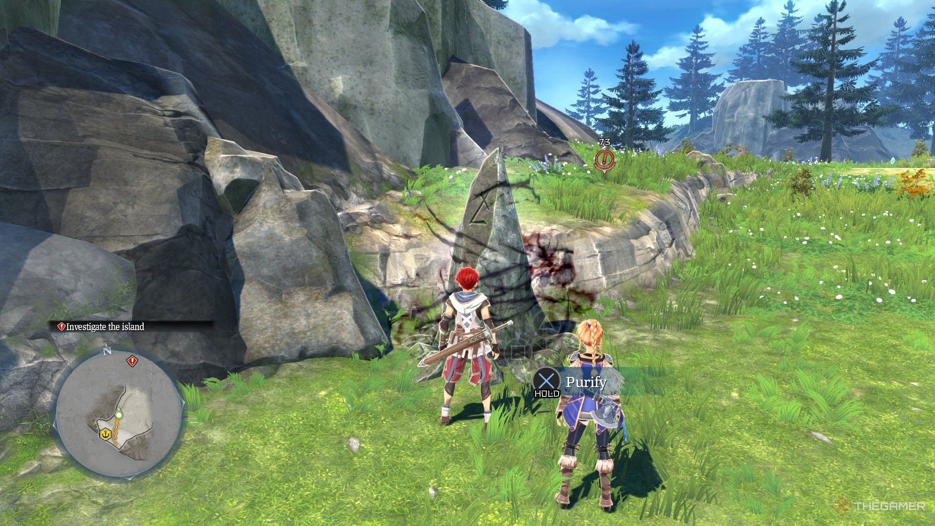 The image shows that Adol is about to purify the black miasma-covered Hewnstone in Ys X: Nordics.