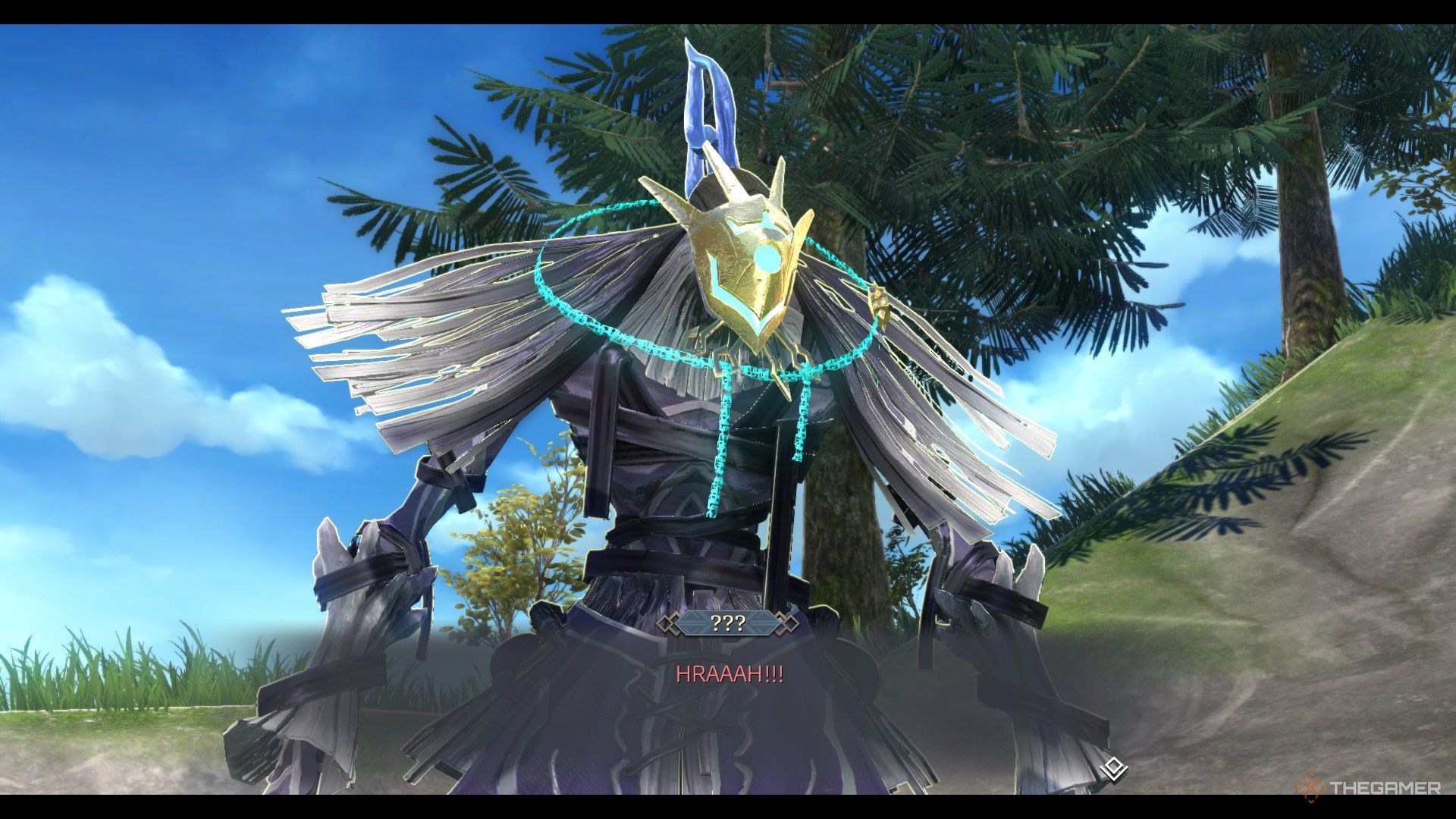 The image shows the humanoid Greigr with a tribal mask on Fishscale Island in Ys X: Nordics.