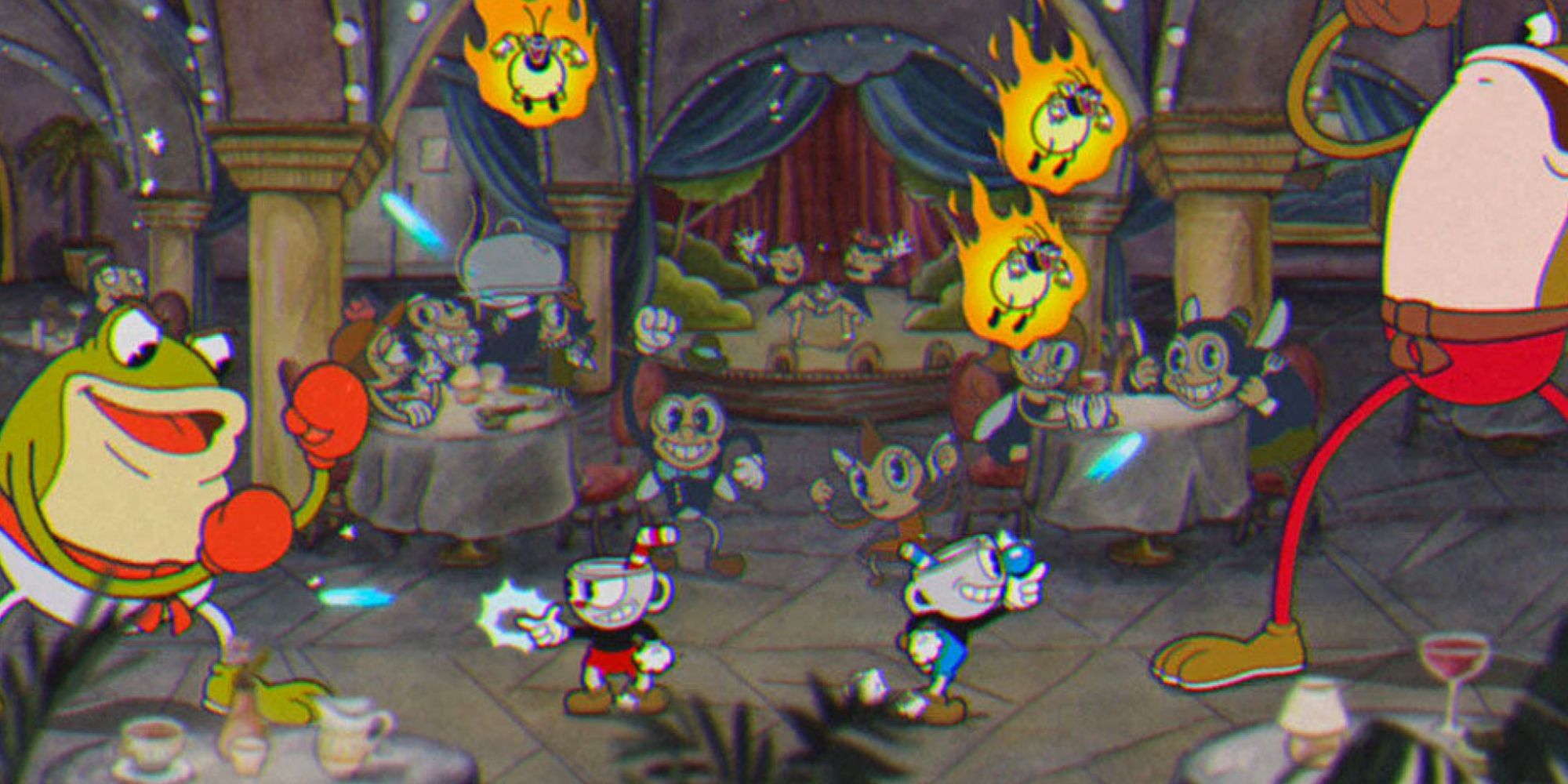 Cuphead and Mugman fighting against Ribby and Croaks boss fight in co-op.