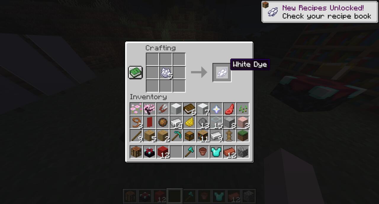 The crafting recipe for white dye in Minecraft