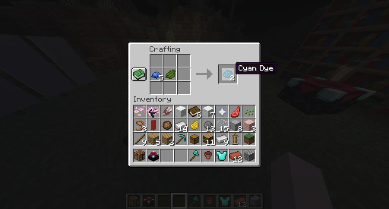 The crafting recipe for cyan dye in Minecraft