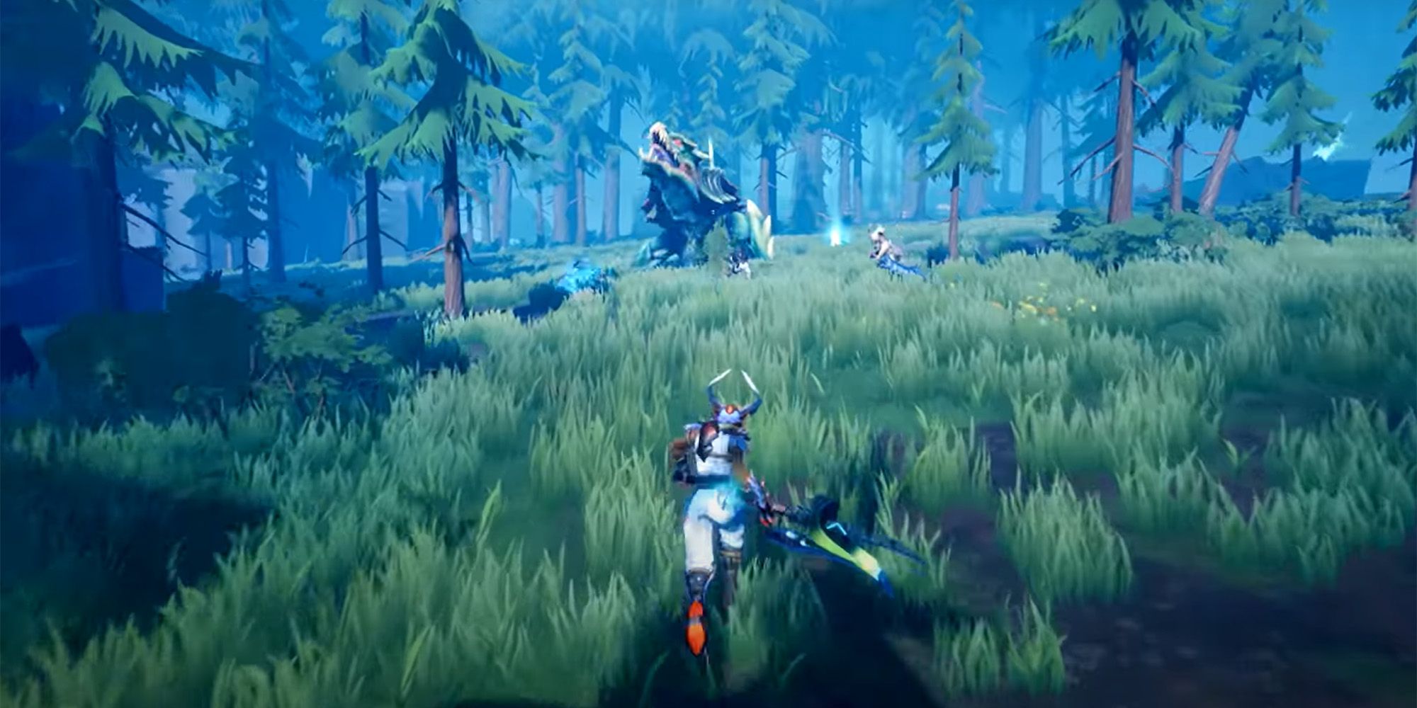 A party member approaching a monster in a field in Dauntless.