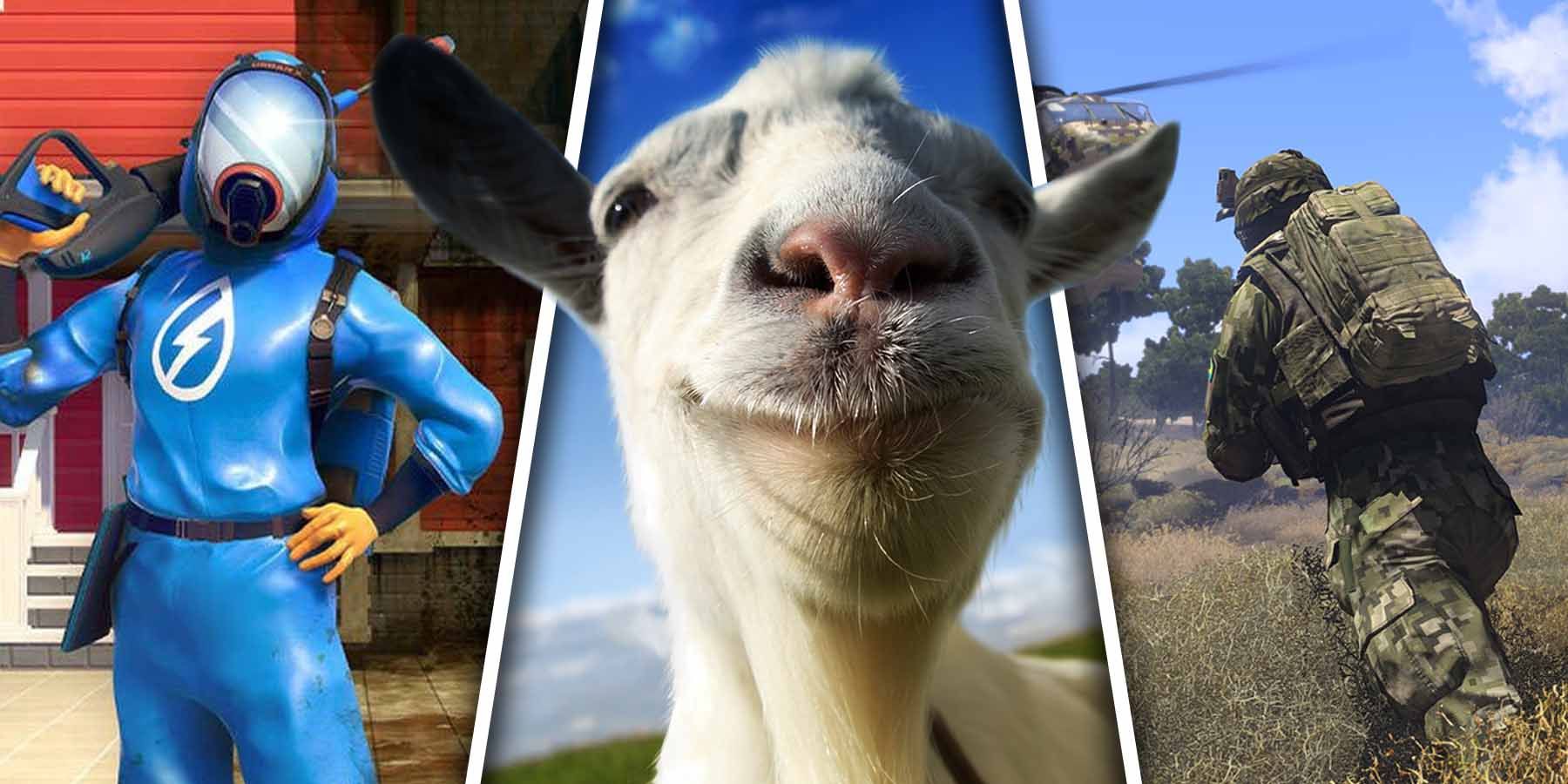 Powerwash Simulator, Goat Simulator and Arma 3 promo material