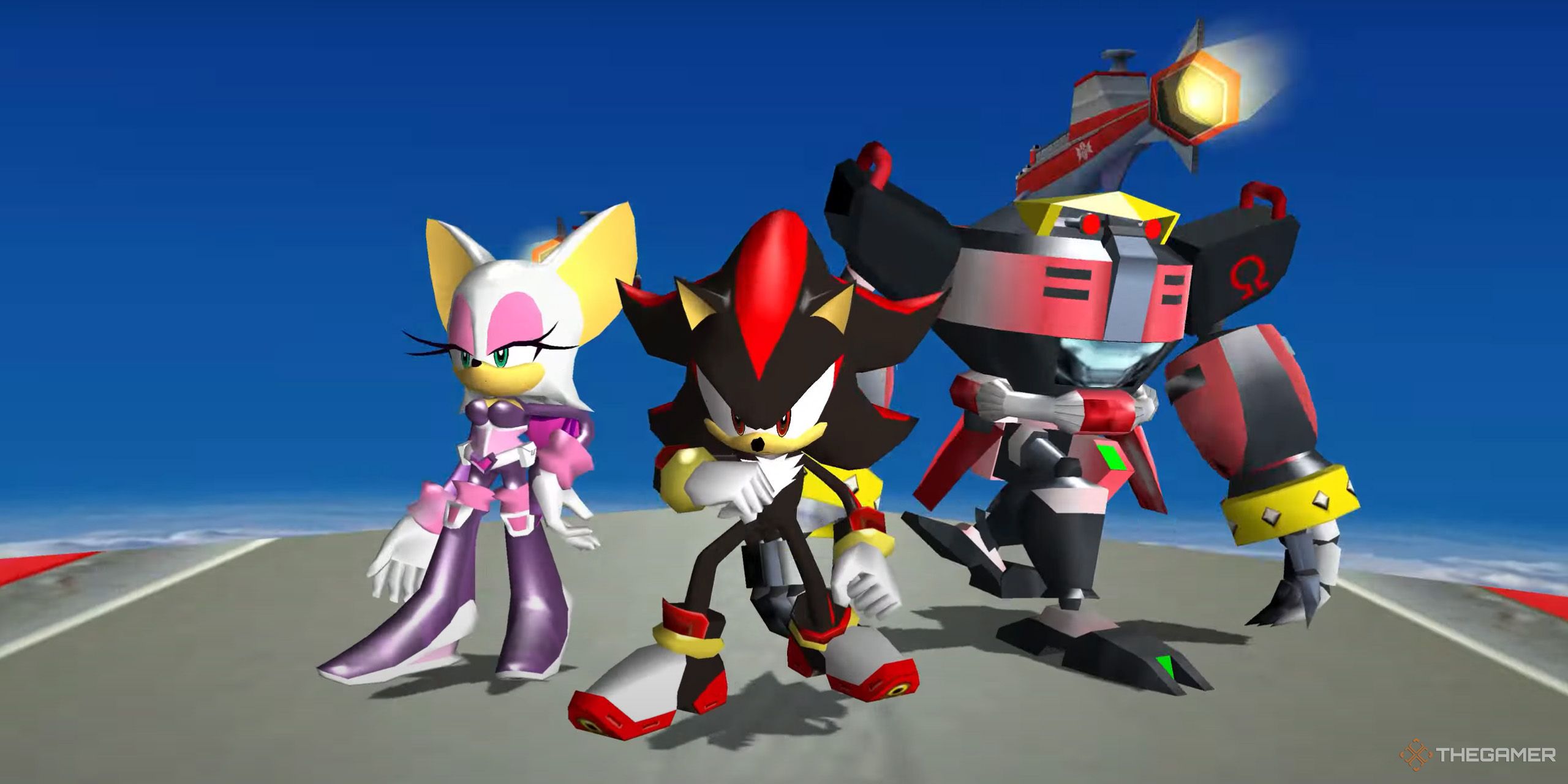 Shadow, Rouge, and Omega standing on the Egg Fleet from Sonic Heroes.