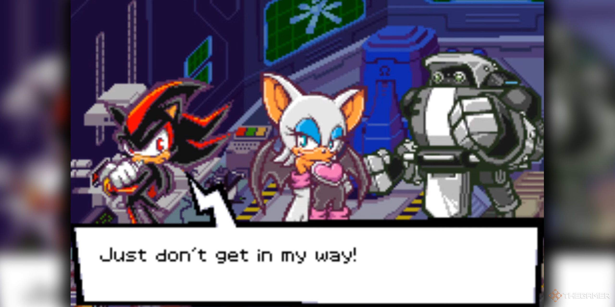 Shadow telling Rouge and Gamma not to get in his way from Sonic Battle.