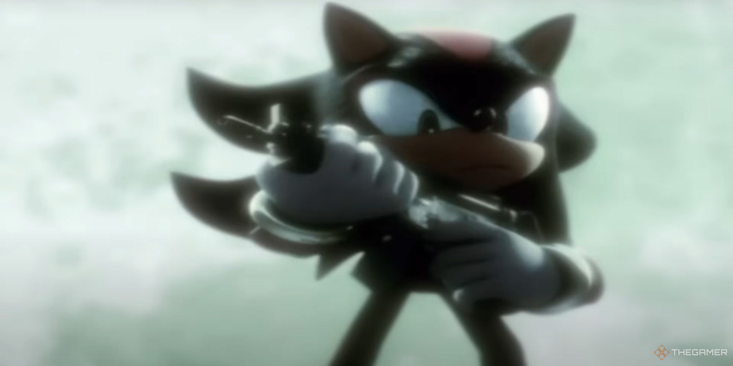 Shadow holding a gun in front of the moon from Shadow the Hedgehog.