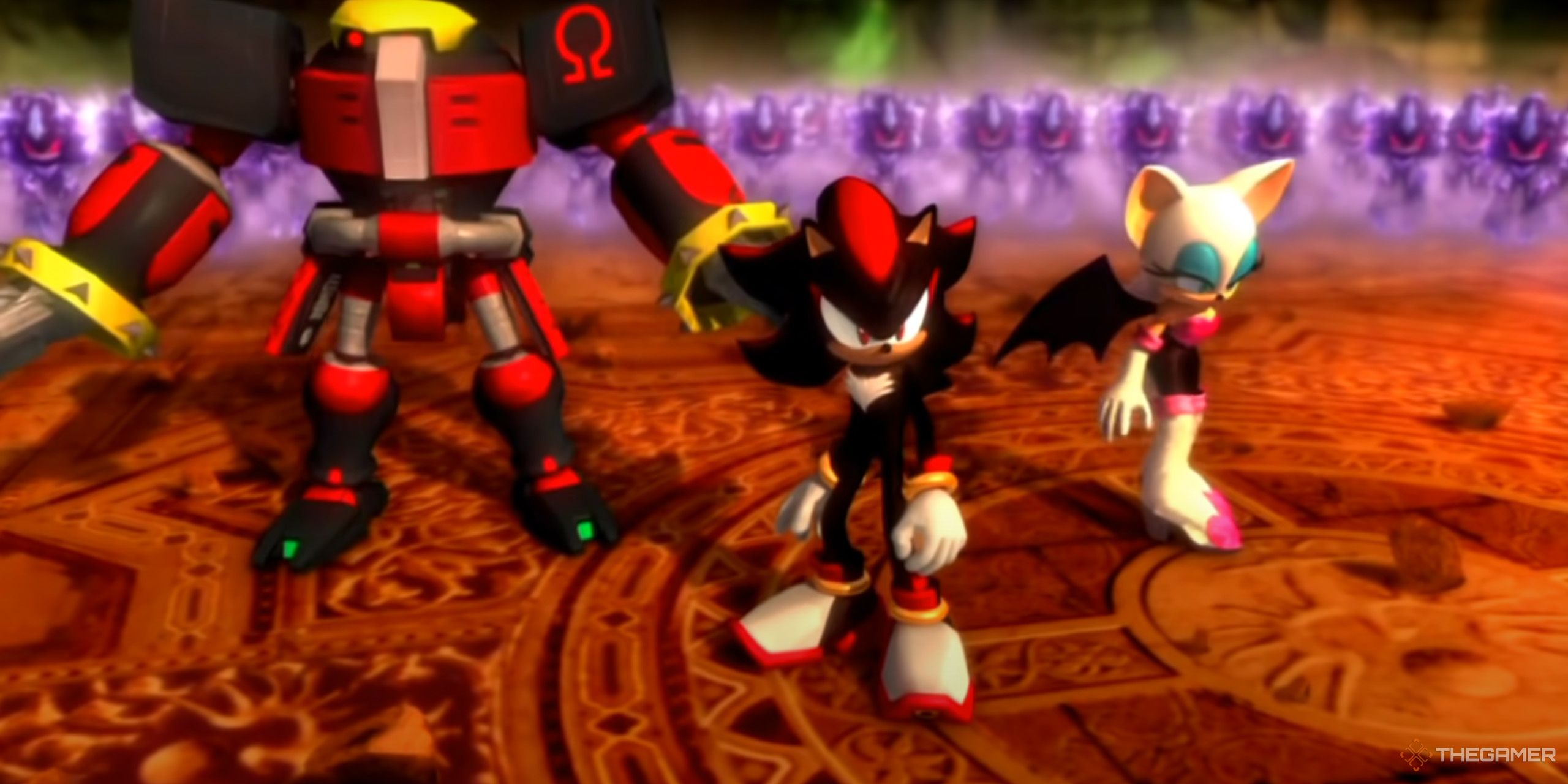 Shadow, Omega, and Rouge surrounded by Mephiles clones in Sonic '06.