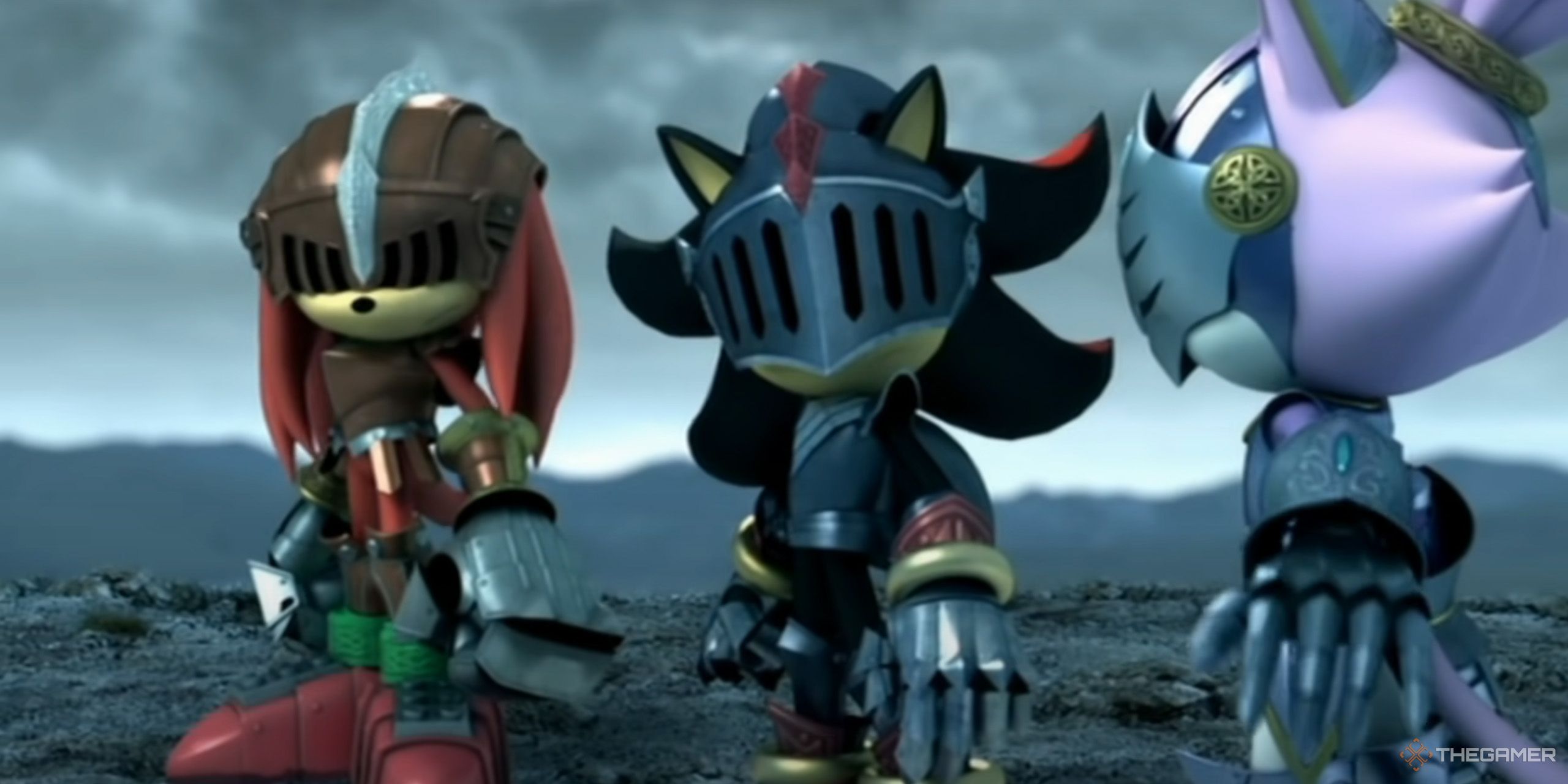 Knuckles, Shadow, and Blaze wearing knight armor on a cloudy evening from Sonic and the Black Knight.