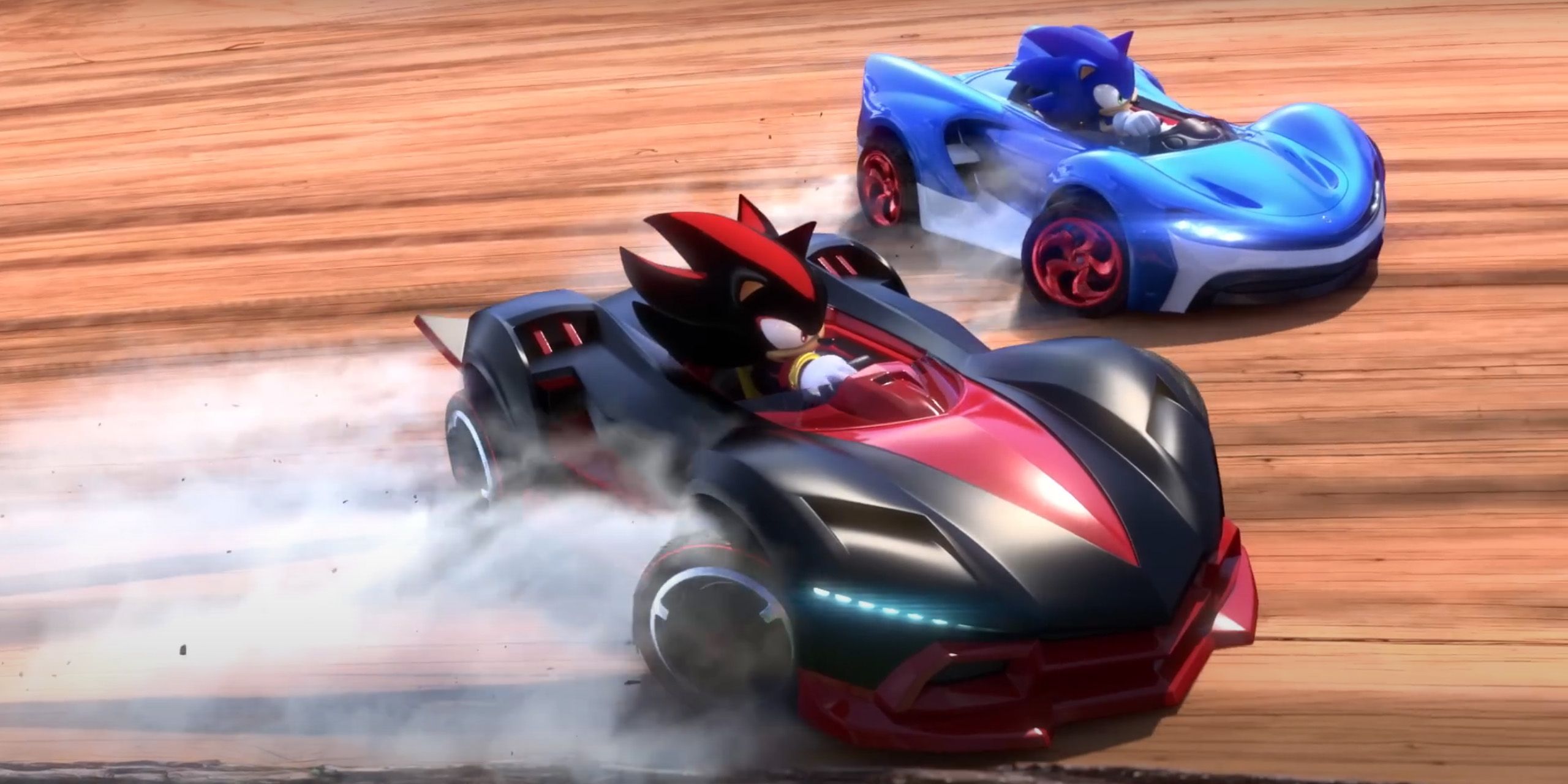 Shadow and Sonic locked in a fierce kart race from Team Sonic Racing.