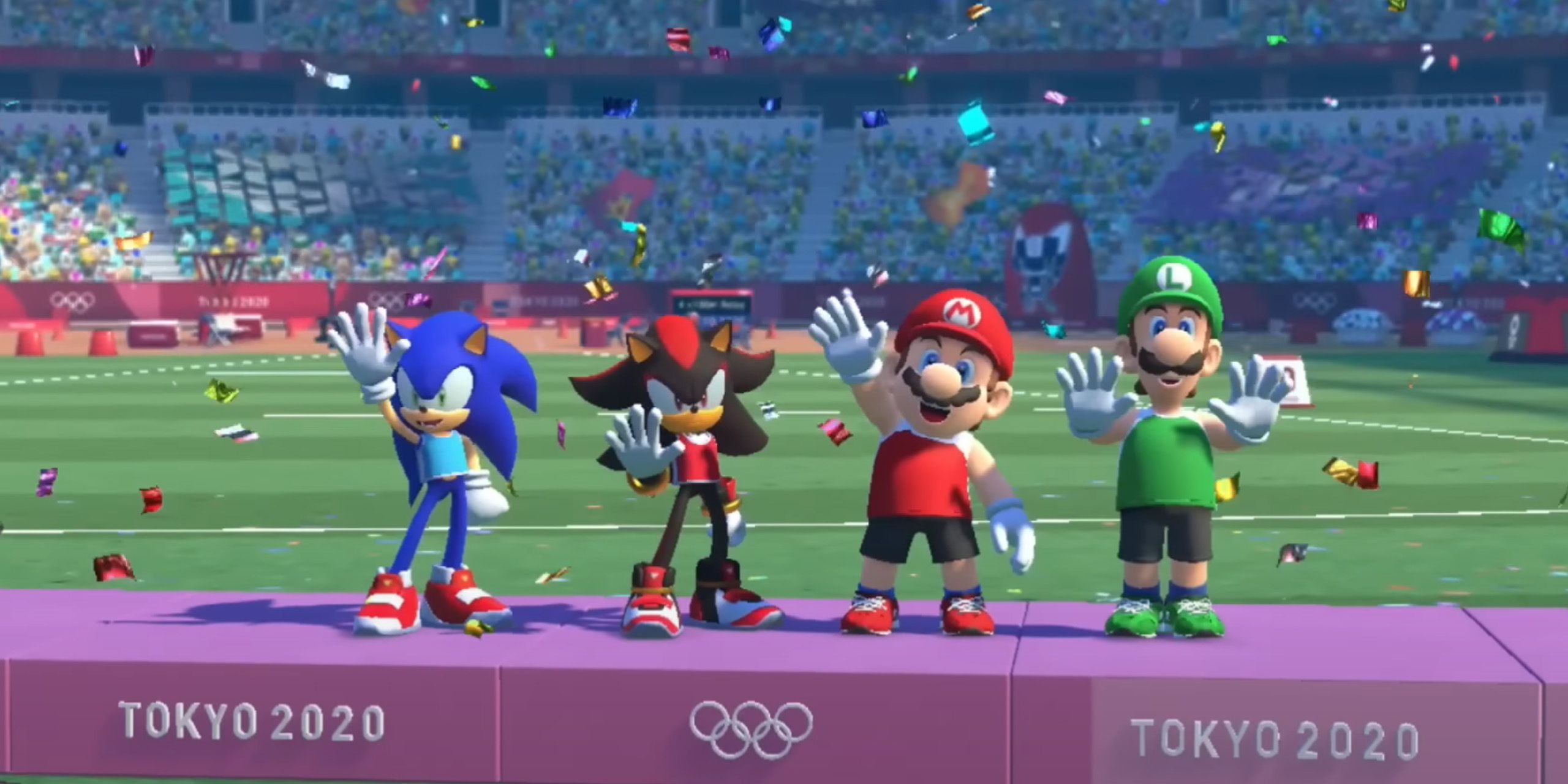 Sonic, Shadow, Mario, and Luigi waving to the crowd in Mario & Sonic at the Olympic Games.