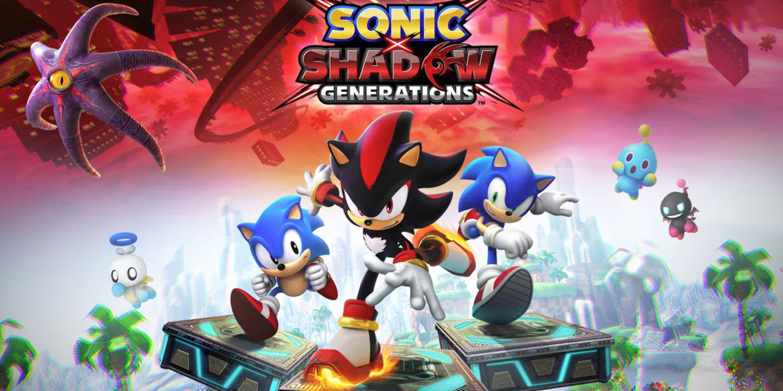 Cover art from Sonic X Shadow Generations, showing Classic Sonic, Modern Sonic, Shadow, Black Doom, and three Chao.