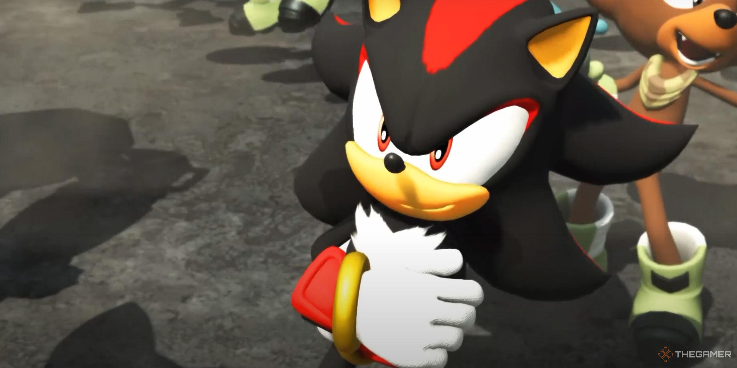 A close-up of Shadow smiling from Sonic Forces.