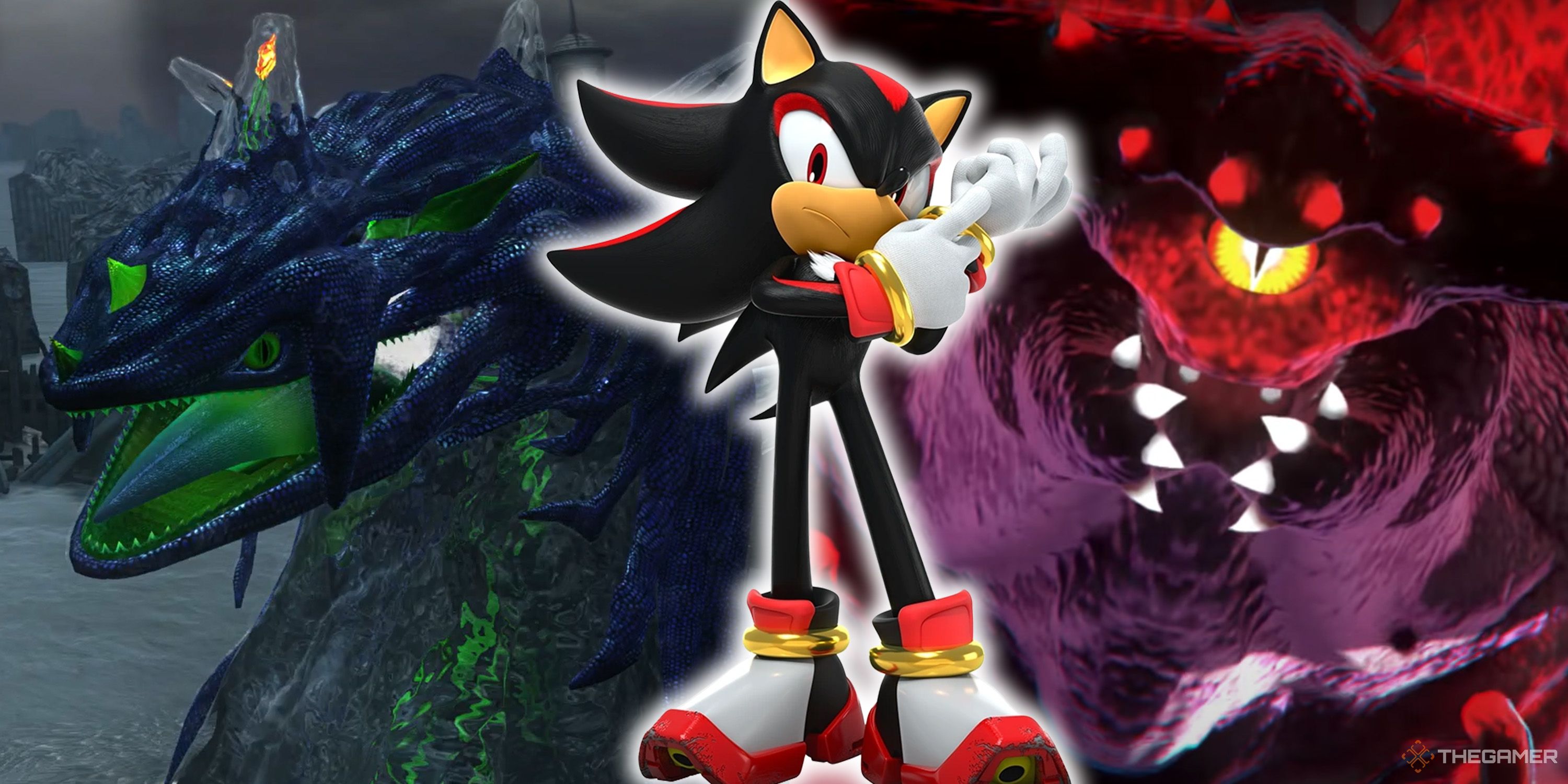 A split image from Sonic X Shadow Generations featuring Shadow, Perfect Chaos, and Devil Doom.