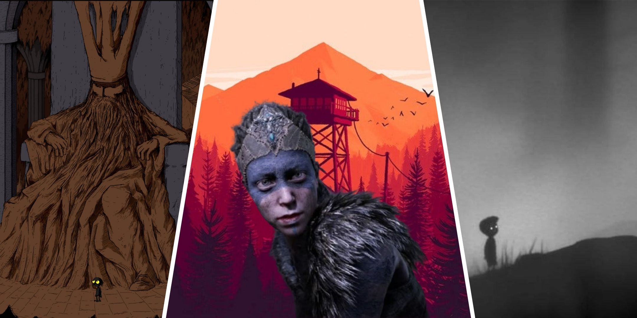 Split image of three games, Longing, Firewatch, and Limbo.