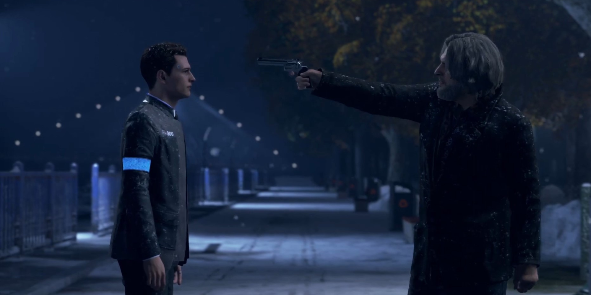  Hank is aiming a gun directly at Connor in a dialogue scene in Detroit: Become Human.