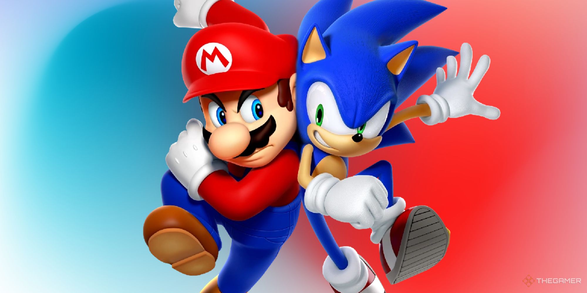 Mario (left) and Sonic (right) clashing as they jump forward toward the camera in front of a blue and red background