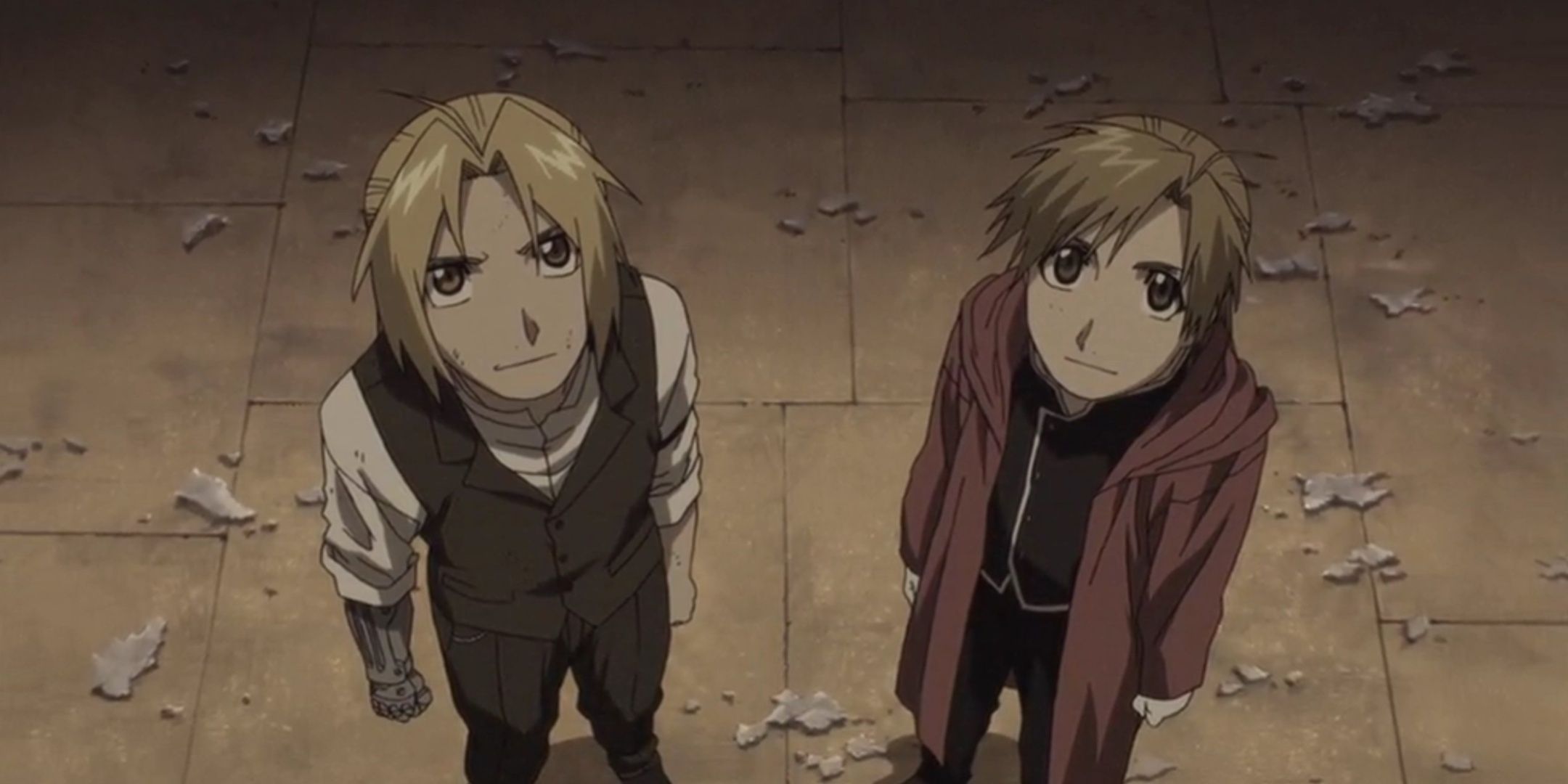 Edward and Alphonse Elric stick together in an alternate world in Full Metal Alchemist 2003.