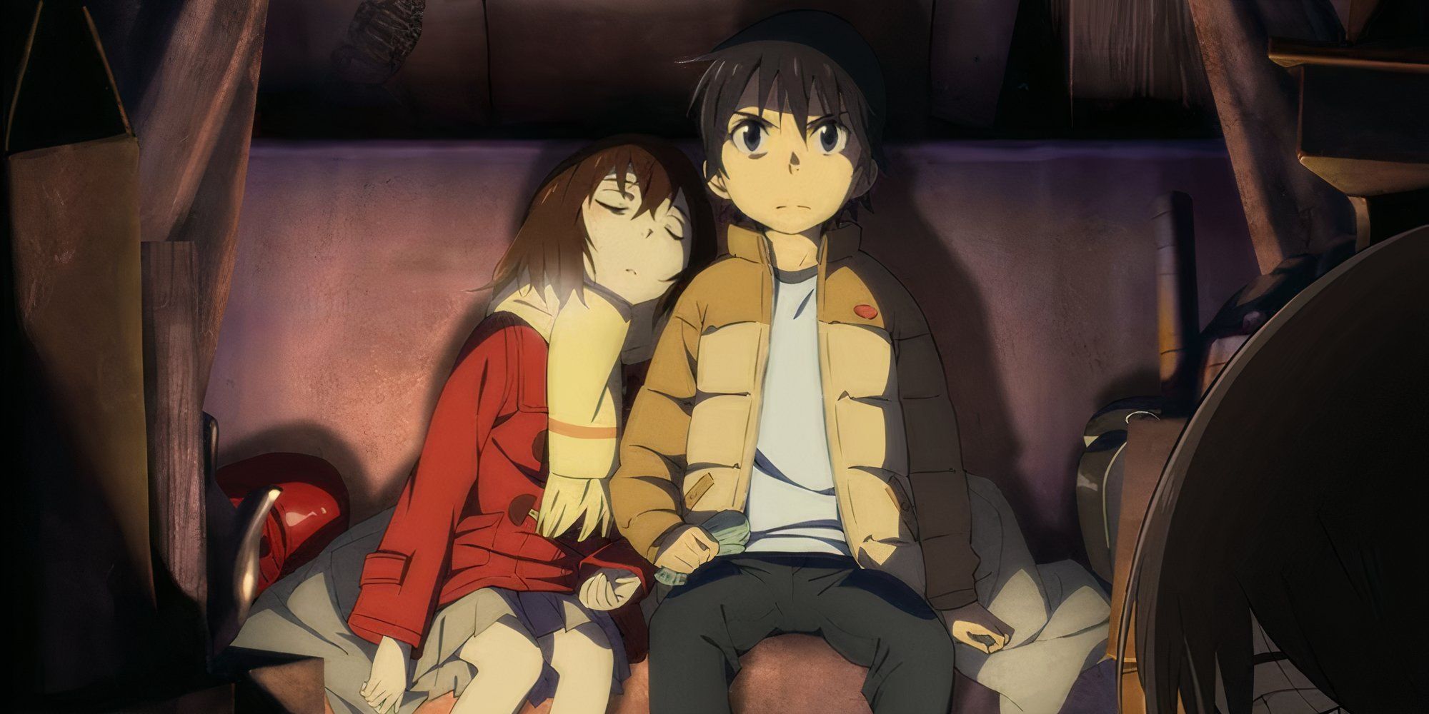 Kayo lying her head on Satoru's shoulder in Erased.