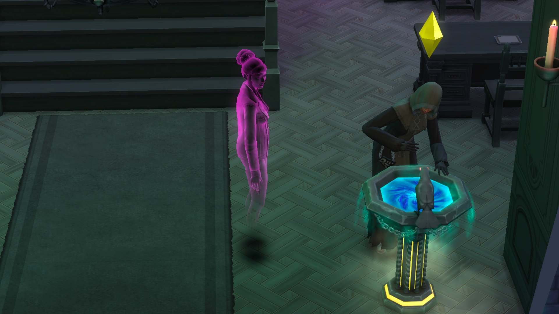 A Sim is joined by a ghost as they search a scry bowl in The Sims 4