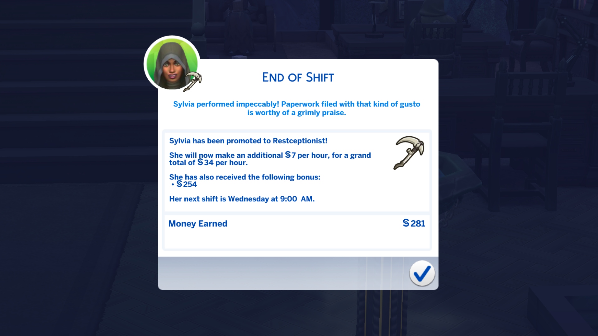 A promotion window in the Reaper career in The Sims 4