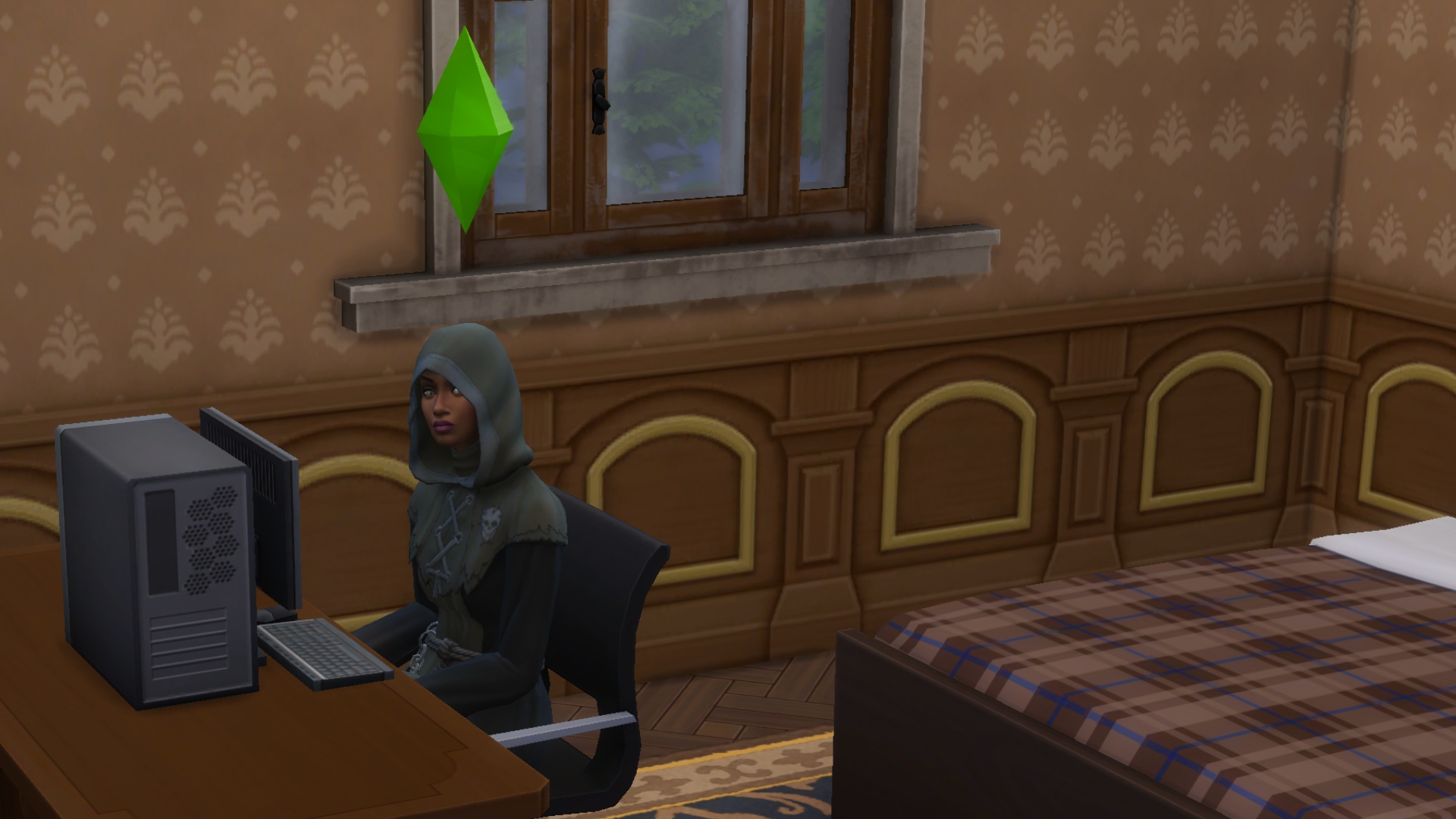 A Sim sits in the standard Reaper costume in The Sims 4