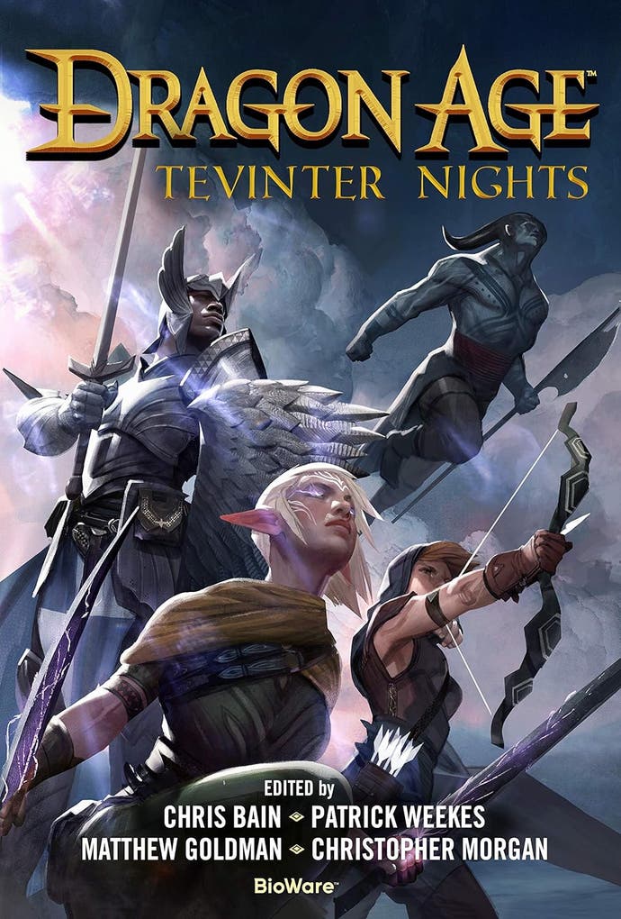 The cover for the Dragon Age anthology book Tevinter Nights. It shows a group of fantasy heroes rushing into battle.