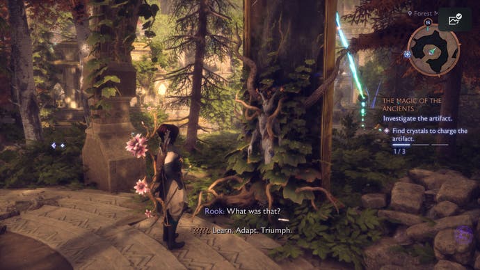 A character with a big flowery bow stands in a ruin in a fantasy forest.