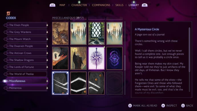 A screenshot of the Dragon Age: The Veilguard codex library, showing a selection of card-shaped artwork next to a box displaying explanatory lore text.