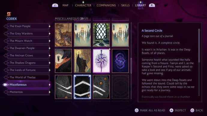 A screenshot of the Dragon Age: The Veilguard codex library, showing a selection of card-shaped artwork next to a box displaying explanatory lore text.