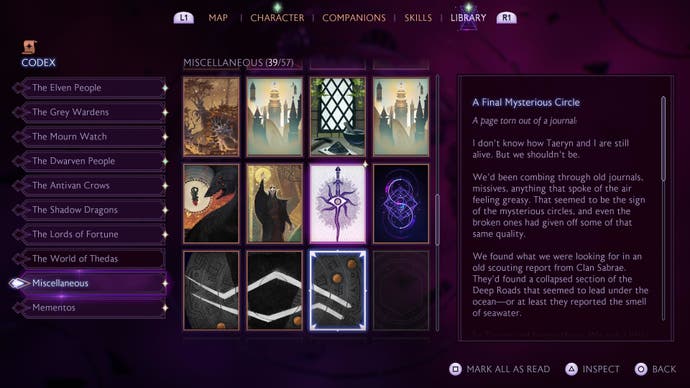 A screenshot of the Dragon Age: The Veilguard codex library, showing a selection of card-shaped artwork next to a box displaying explanatory lore text.