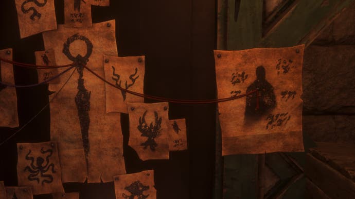 A screenshot of an interior wall in Dragon Age: The Veilguard that's covered in pictures that are linked together with string, as if someone has been investigating a complex mystery.