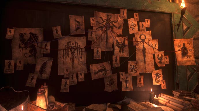 A wall in Dragon Age: The Veilguard plastered with pictures that have string linking them, as if someone has been investigating a complex case.