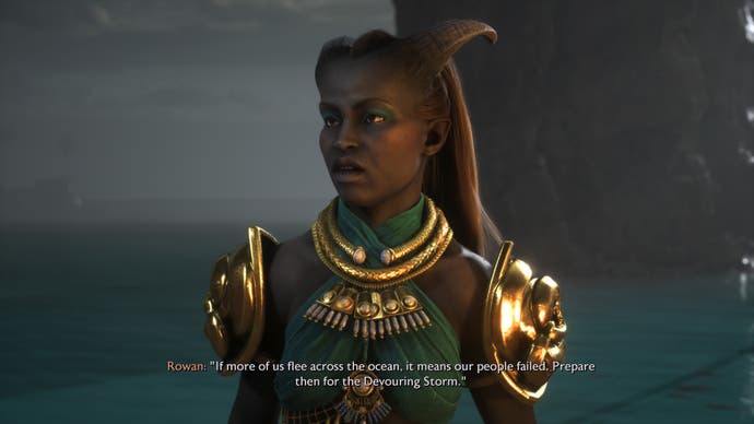 A qunari character called Rowan, in Dragon Age: The Veilguard, reciting a translation from a stone tablet.